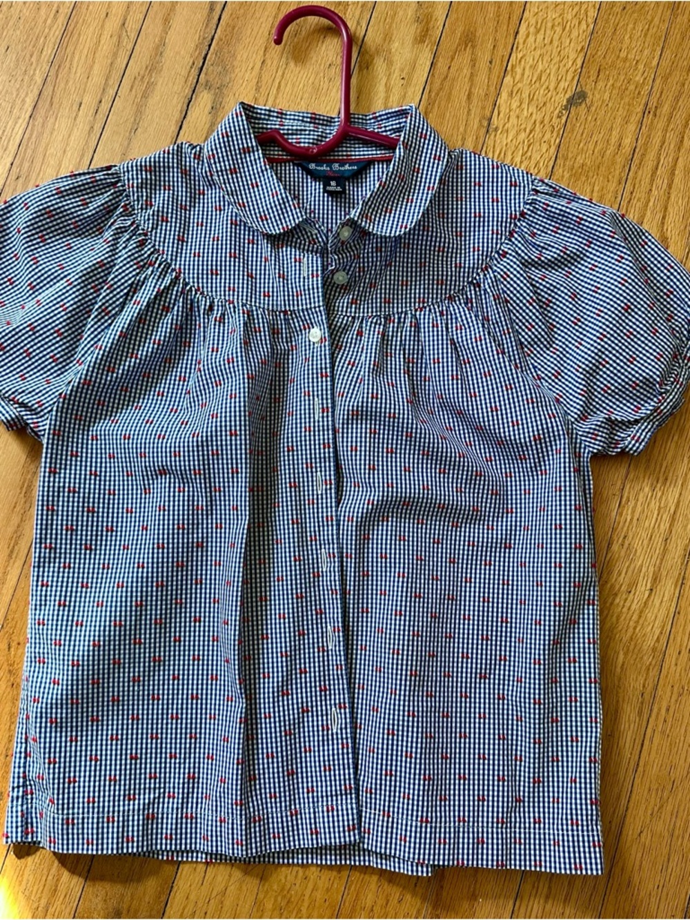 Brooks Brothers Blue Gingham Short Sleeve Shirt with Red Dot Accents